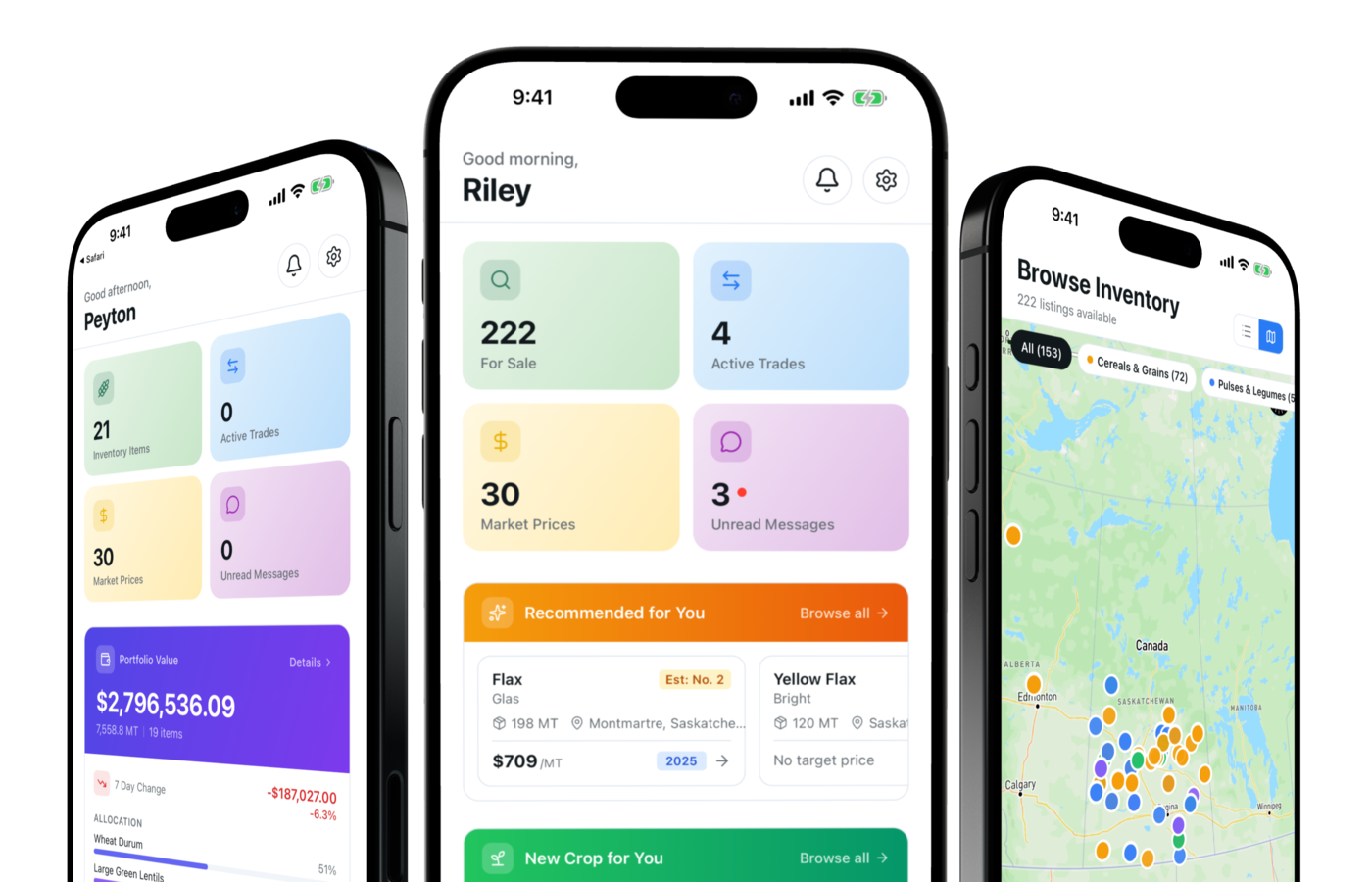 MGX Mobile App — Seller Dashboard, Buyer Home, and Inventory Map